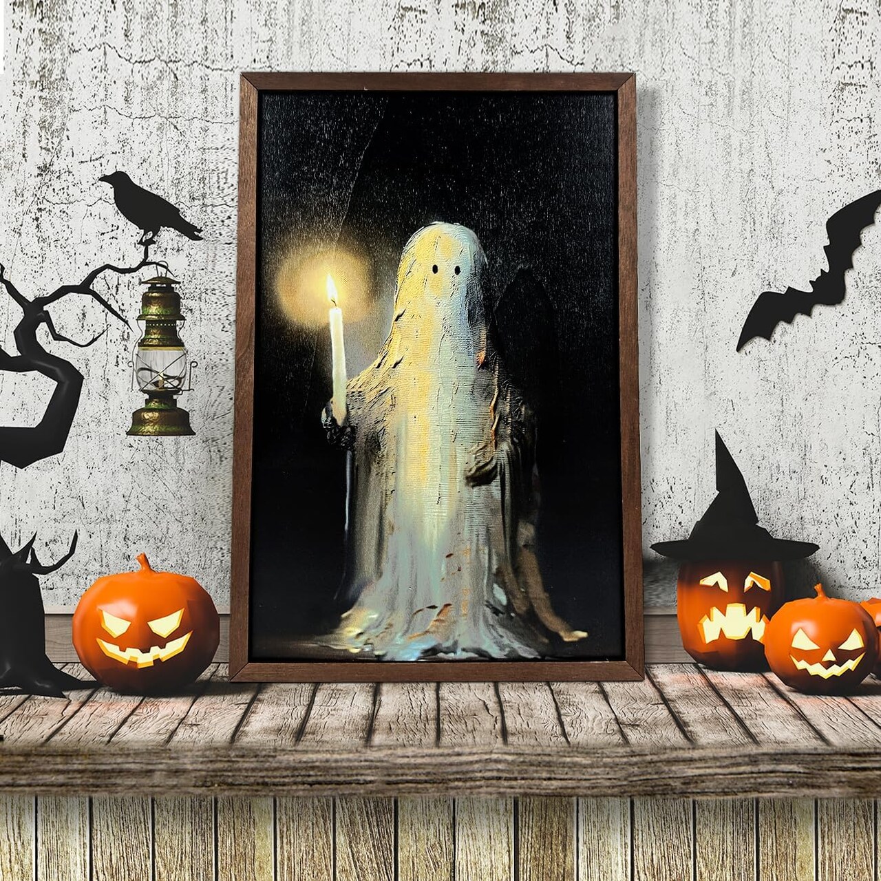 Halloween Wooden Wall Art – Ghost Holding a Candle Painting with Frame, Vintage Spooky Decor for Bedroom, Living Room & Halloween Aesthetic (14.96 x 9.84 Inches)